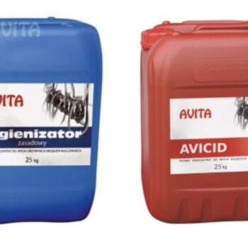 Komplet płynów do mycia dojarki hali schładzalnika Avicid 25kg + Higienizator 25kg Avita