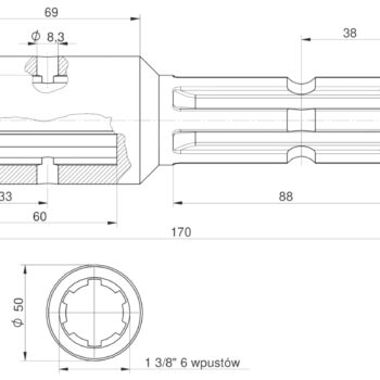 Redukcja wałka WOM adapter z otworem zabezpieczającym 1 3/8" 6 wpustów na wałek 1 3/8" 6 wpustów MORGA