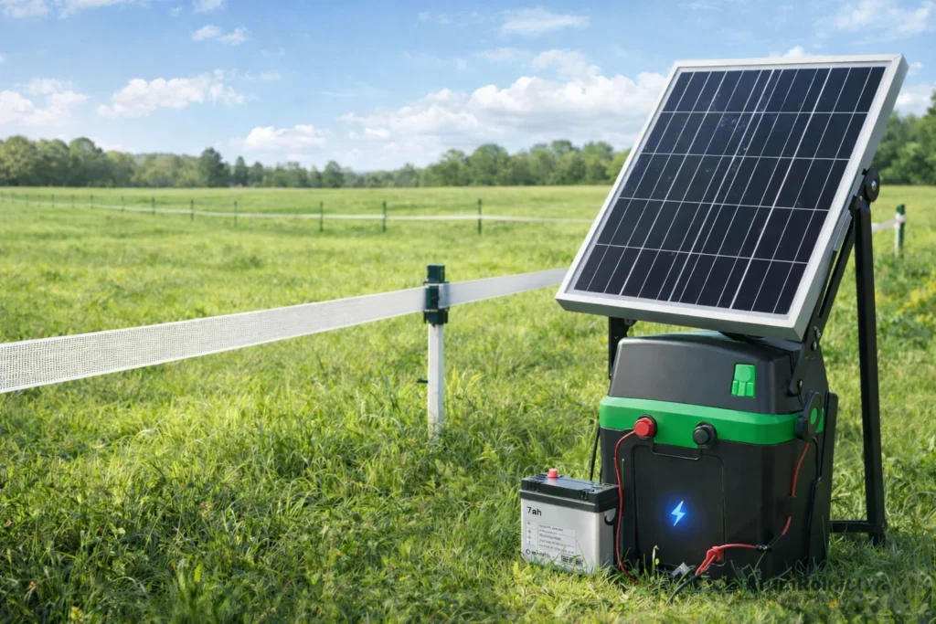 Zestaw solarny do ogrodzenia elektrycznego na pastwisku – pastuch, akumulator 7Ah i panel 10W