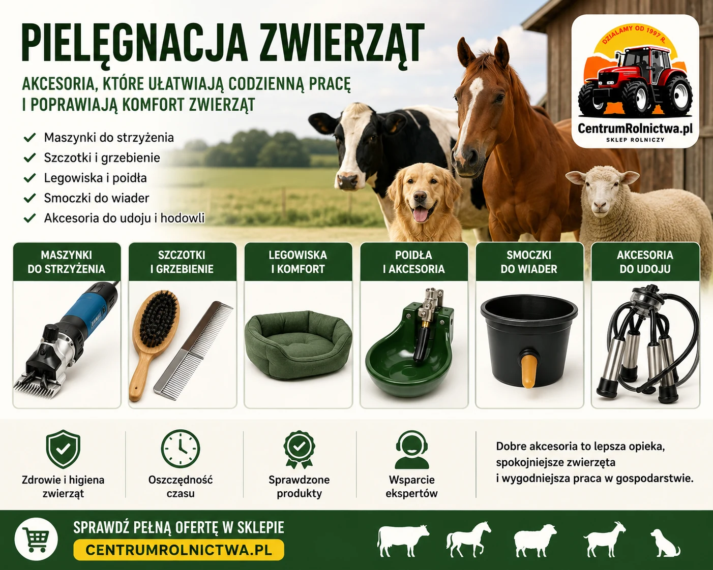 Pielęgnacja zwierząt w gospodarstwie – maszynki, szczotki, grzebienie i praktyczne akcesoria
